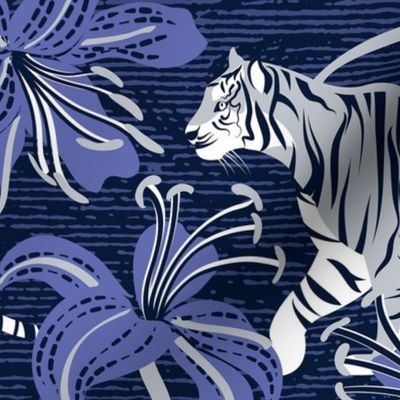 Normal scale // Tigers in a tiger lily garden // textured midnight express navy blue background light grey wild animals very peri flowers