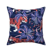 Tigers in a tiger lily garden // normal scale // textured midnight express navy blue background coral wild animals very peri flowers