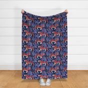 Tigers in a tiger lily garden // normal scale // textured midnight express navy blue background coral wild animals very peri flowers