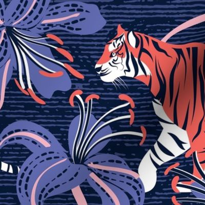 Tigers in a tiger lily garden // normal scale // textured midnight express navy blue background coral wild animals very peri flowers