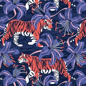Tigers in a tiger lily garden // normal scale // textured midnight express navy blue background coral wild animals very peri flowers