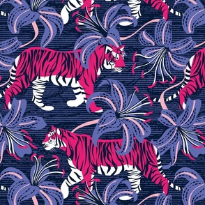 Normal scale // Tigers in a tiger lily garden // textured midnight express navy blue background fuchsia pink wild animals very peri flowers