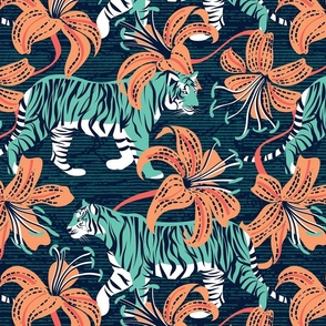 Normal scale // Tigers in a tiger lily garden // textured midnight express navy blue background spearmint green wild animals papaya orange flowers