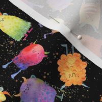 Small - Scattered Rainbow Monsters on Black with Paint Splatters