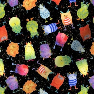 Small - Scattered Rainbow Monsters on Black with Paint Splatters