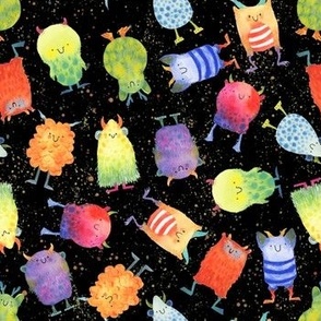 Small - Scattered Rainbow Monsters on Black with Paint Splatters