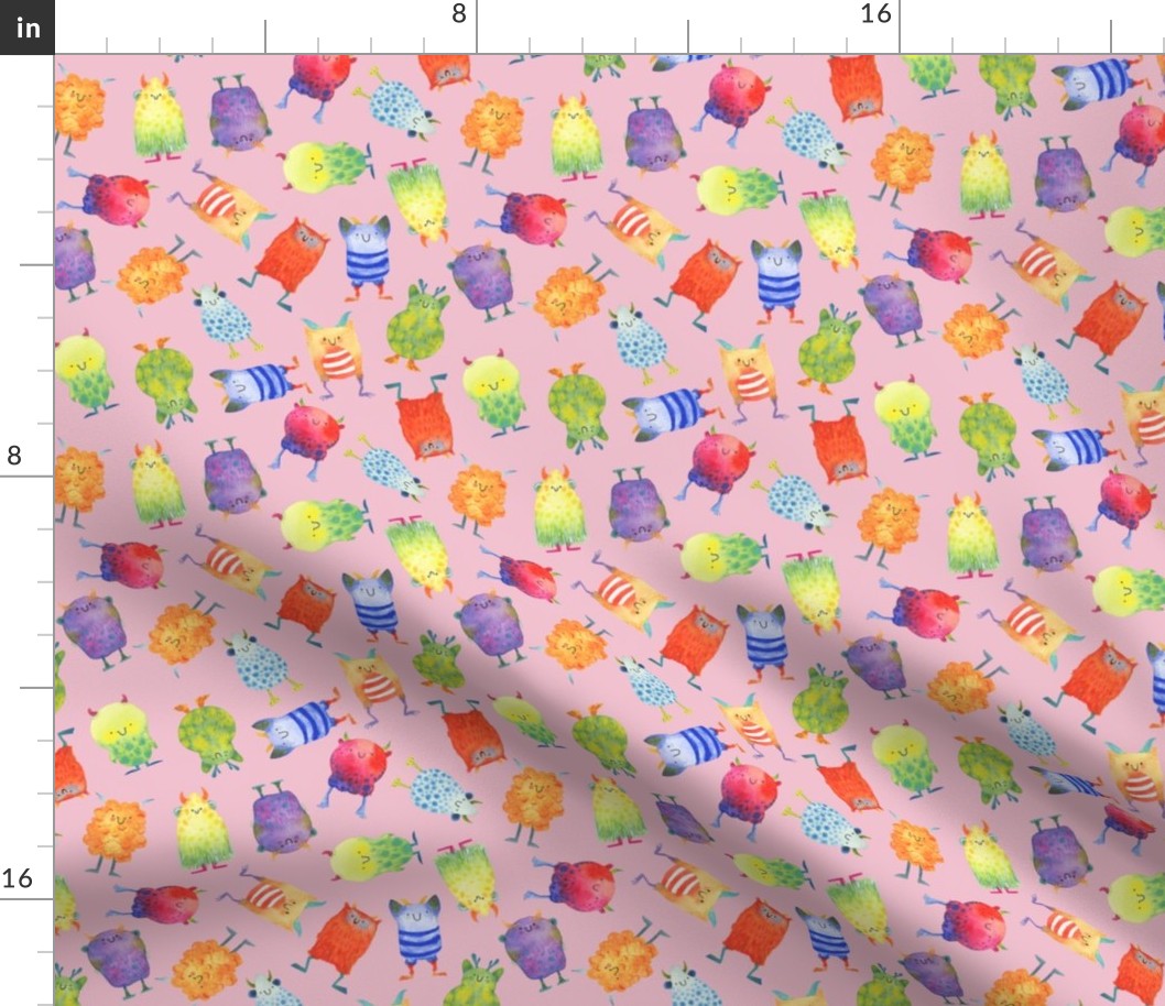 Small - Scattered Rainbow Monsters on Pink