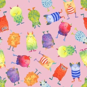 Medium - Scattered Rainbow Monsters on Pink