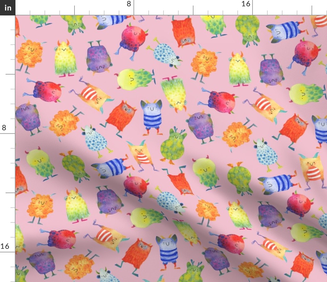 Medium - Scattered Rainbow Monsters on Pink