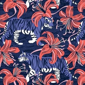 Small scale // Tigers in a tiger lily garden // textured midnight express navy blue background very peri wild animals coral flowers