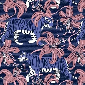 Small scale // Tigers in a tiger lily garden // textured midnight express navy blue background very peri wild animals dry rose flowers