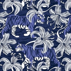 Small scale // Tigers in a tiger lily garden // textured midnight express navy blue background very peri wild animals light grey flowers