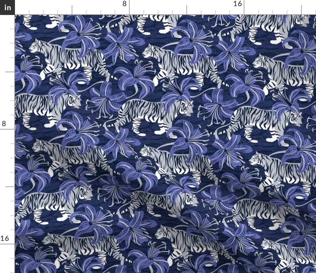 Small scale // Tigers in a tiger lily garden // textured midnight express navy blue background light grey wild animals very peri flowers