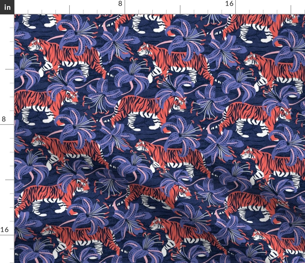 Small scale // Tigers in a tiger lily garden // textured midnight express navy blue background coral wild animals very peri flowers
