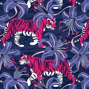 Small scale // Tigers in a tiger lily garden // textured midnight express navy blue background fuchsia pink wild animals very peri flowers