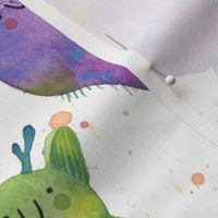 Large - Scattered Rainbow Monsters on White with Paint Splatters