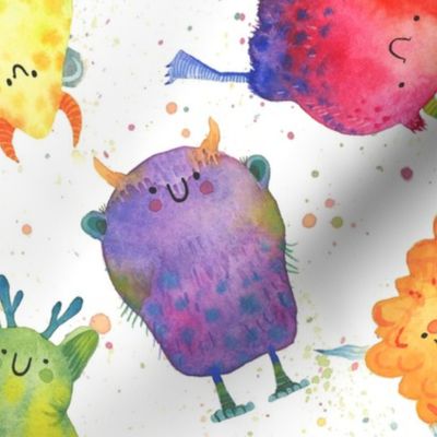 Large - Scattered Rainbow Monsters on White with Paint Splatters