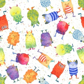 Large - Scattered Rainbow Monsters on White with Paint Splatters