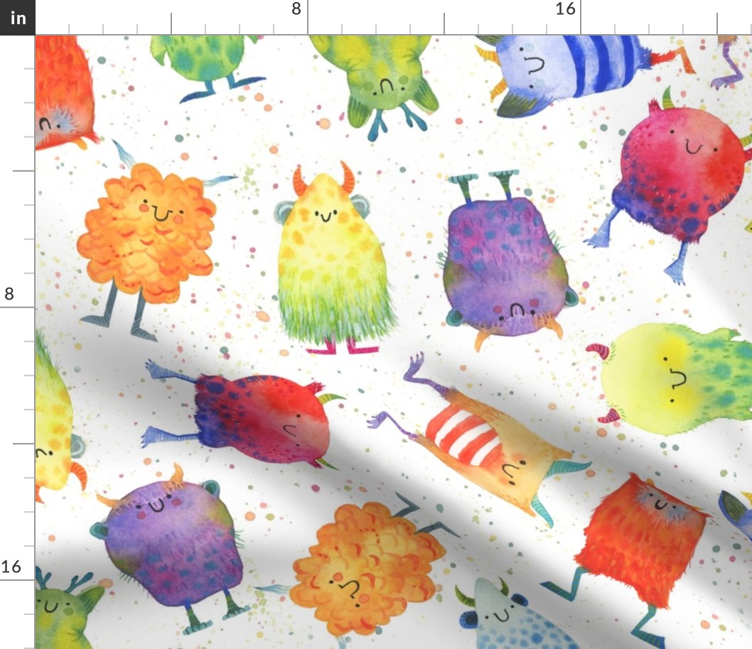 Large - Scattered Rainbow Monsters on White with Paint Splatters