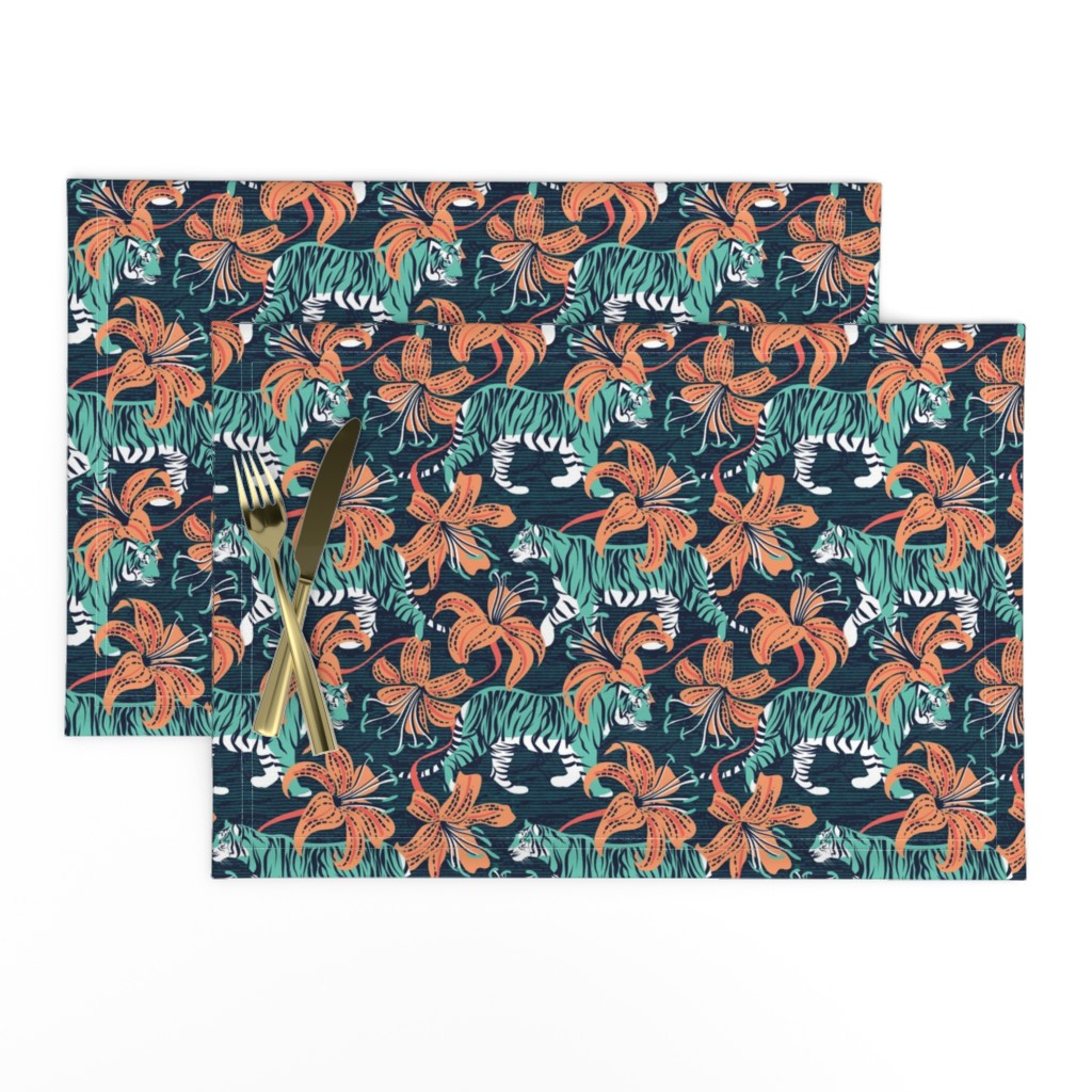 Small scale // Tigers in a tiger lily garden // textured midnight express navy blue background spearmint green wild animals papaya orange flowers