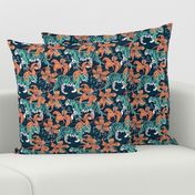 Small scale // Tigers in a tiger lily garden // textured midnight express navy blue background spearmint green wild animals papaya orange flowers