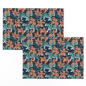 Small scale // Tigers in a tiger lily garden // textured midnight express navy blue background spearmint green wild animals papaya orange flowers