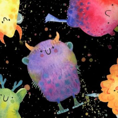 Large - Scattered Rainbow Monsters on Black with Paint Splatters