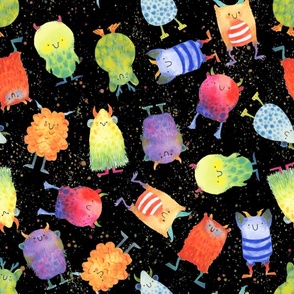 Large - Scattered Rainbow Monsters on Black with Paint Splatters