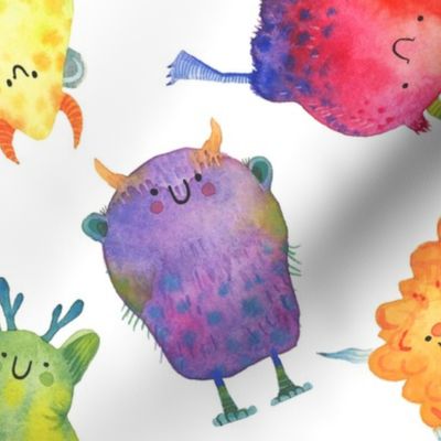 Large - Scattered Rainbow Monsters on White