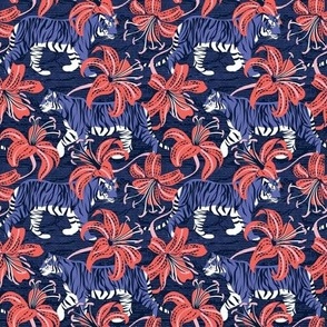 Tiny scale // Tigers in a tiger lily garden // textured midnight express navy blue background very peri wild animals coral flowers