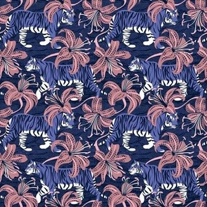 Tiny scale // Tigers in a tiger lily garden // textured midnight express navy blue background very peri wild animals dry rose flowers