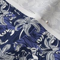 Tiny scale // Tigers in a tiger lily garden // textured navy blue background very peri wild animals light grey flowers