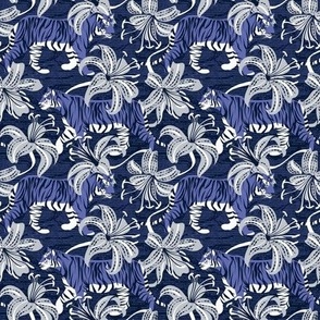 Tiny scale // Tigers in a tiger lily garden // textured navy blue background very peri wild animals light grey flowers