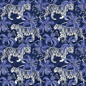 Tiny scale // Tigers in a tiger lily garden // textured midnight express navy blue background light grey wild animals very peri flowers