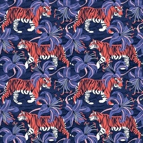 Tiny scale // Tigers in a tiger lily garden // textured midnight express navy blue background coral wild animals very peri flowers