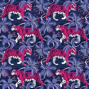 Tiny scale // Tigers in a tiger lily garden // textured midnight express navy blue background fuchsia pink wild animals very peri flowers