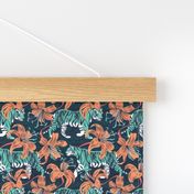 Tiny scale // Tigers in a tiger lily garden // textured midnight express navy blue background spearmint green wild animals papaya orange flowers