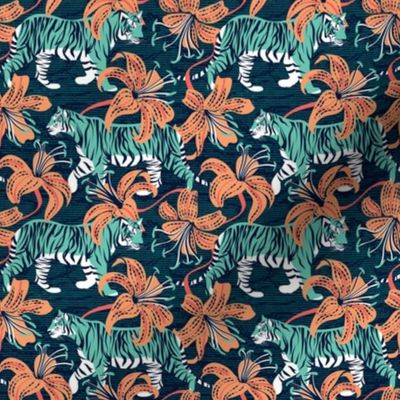Tiny scale // Tigers in a tiger lily garden // textured midnight express navy blue background spearmint green wild animals papaya orange flowers