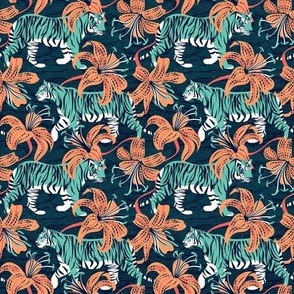 Tiny scale // Tigers in a tiger lily garden // textured midnight express navy blue background spearmint green wild animals papaya orange flowers