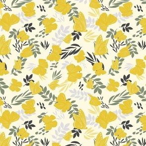 Spring garden, golden yellow butterflies and vines - green, cream