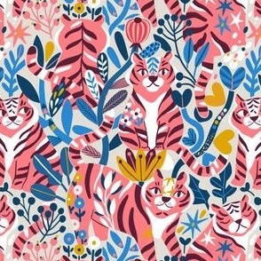 Be brave, save the tigers. Cute pink wild cats among the flowers and plants