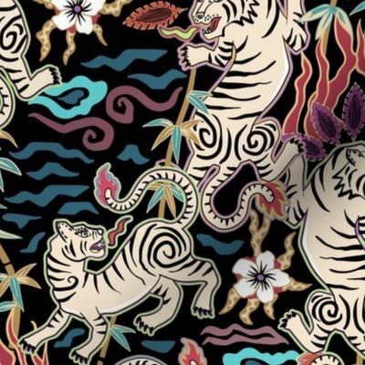 Muted jewel toned flaming tigers - Asian beasts on black - medium