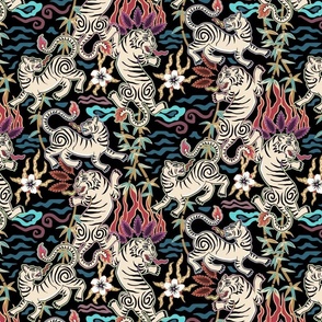 Muted jewel toned flaming tigers - Asian beasts on black - medium