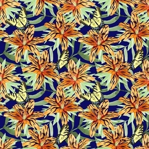 Small Tiger Lilies in the Garden on Navy Blue
