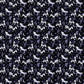 Magical West- Wild Horses in Mystical Desert- Periwinkle Black White- Small Scale