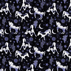 Magical West- Wild Horses in Mystical Desert- Periwinkle Black White- Regular Scale