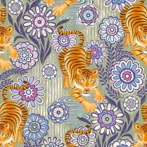 medium tigers  with boho flowers/ light bamboo - medium scale