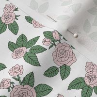 Romantic rose garden retro freehand illustration branches and flowers valentine theme vintage blush pink green on white SMALL 
