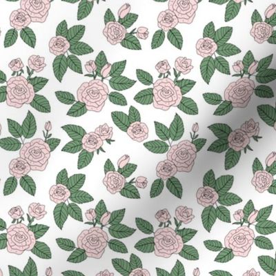 Romantic rose garden retro freehand illustration branches and flowers valentine theme vintage blush pink green on white SMALL 