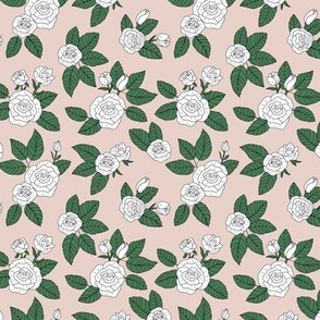 Romantic rose garden retro freehand illustration branches and flowers valentine theme vintage white green on blush beige neutral vintage palette SMALL